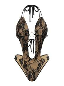 Swim SXY 女士夏季紧身度假性感连体黑色蕾丝露背优雅沙滩泳衣 - 黑色 - 查看 4