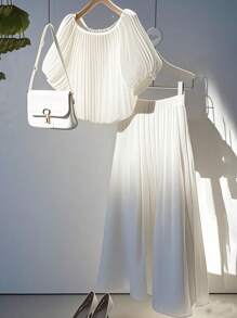 Franclia Set de 2 piezas de verano informal y casual para mujeres, tejido suave y sin estiramiento en color blanco, conjunto de primavera y verano para damas, vestido para invitadas de boda