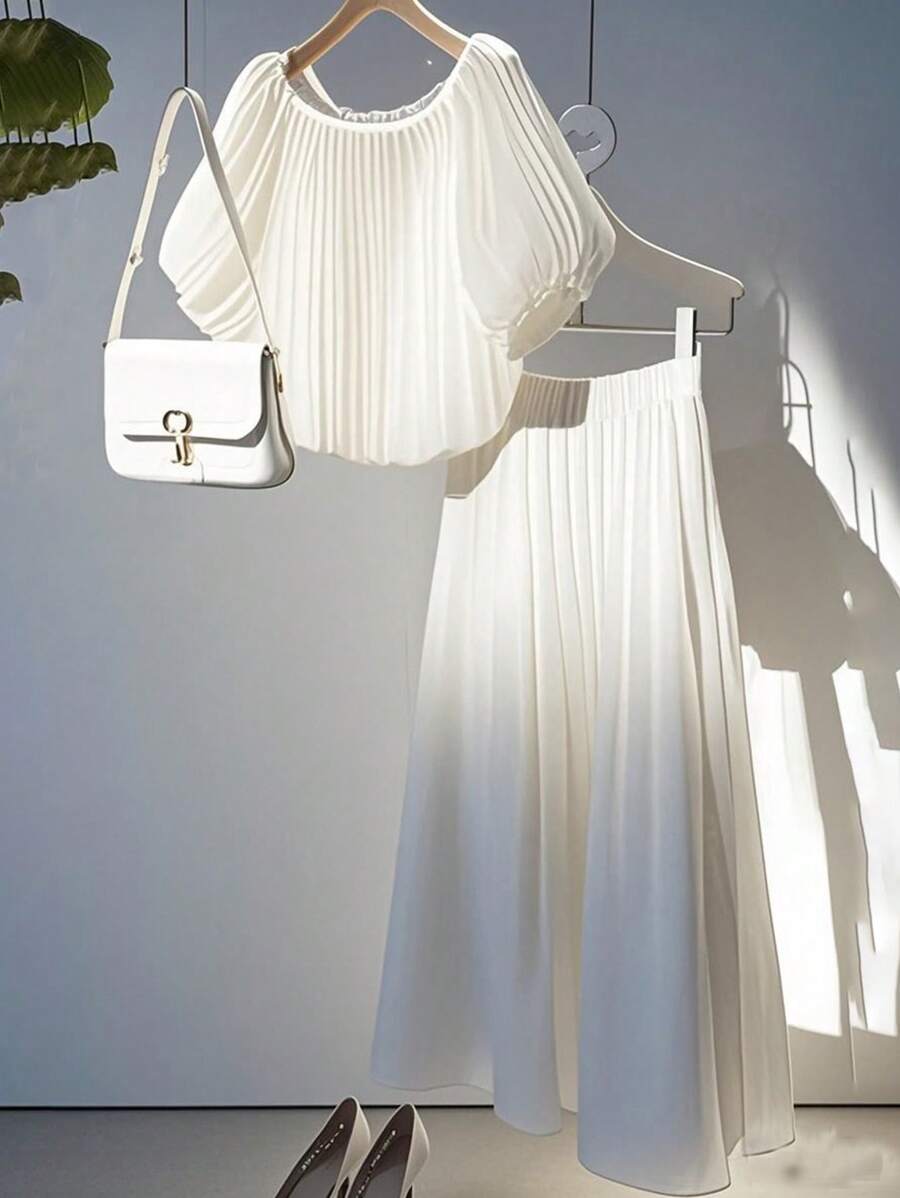 Franclia Set de 2 piezas de verano informal y casual para mujeres, tejido suave y sin estiramiento en color blanco, conjunto de primavera y verano para damas, vestido para invitadas de boda