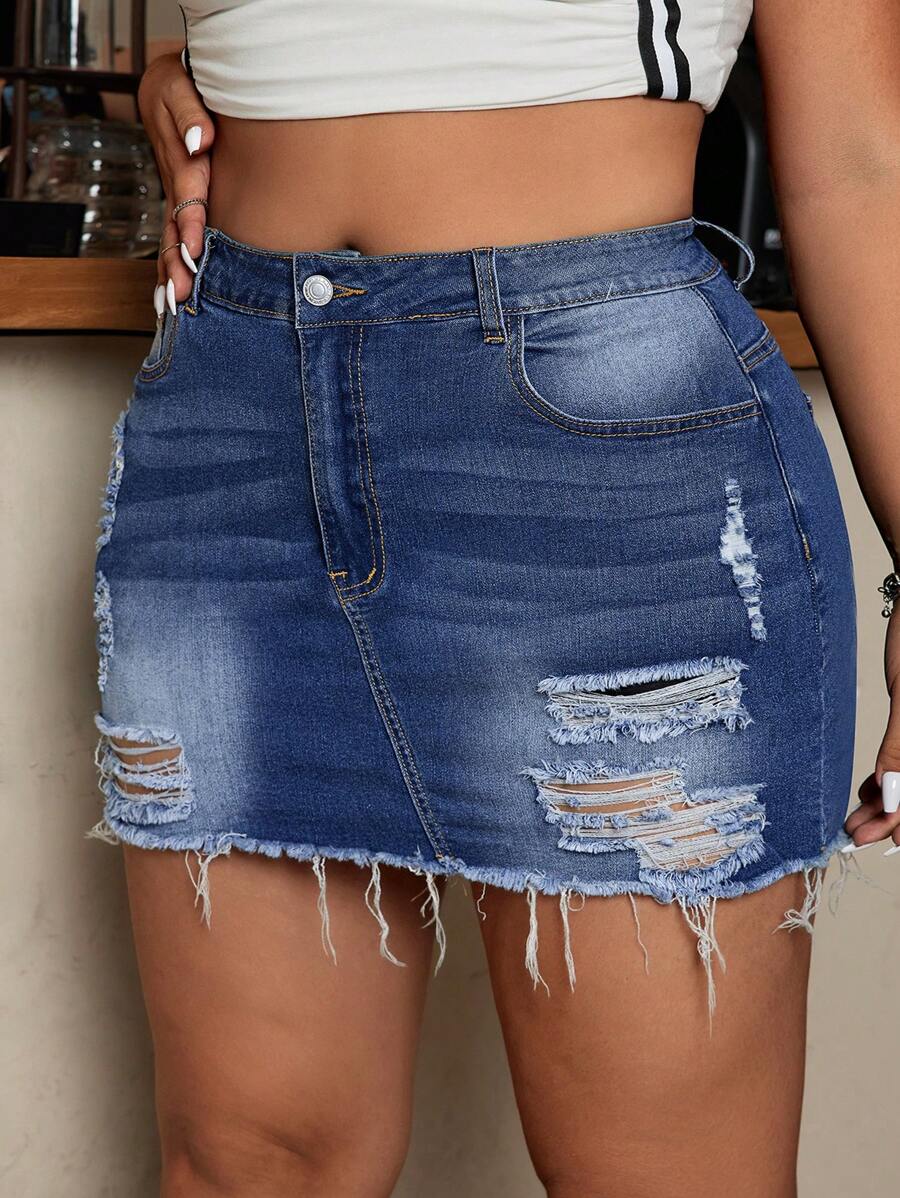 SHEIN CURVE+ Plus Size Ripped Slim Casual Denim Mini Skirt, Suitable For Summer Wear, Curve Plus, Boho Vacation - Blue - View 1