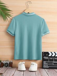 SHEIN Tween Boy Banded Collar Solid Color Knit Short Sleeve Polo Shirt - Green - View 2