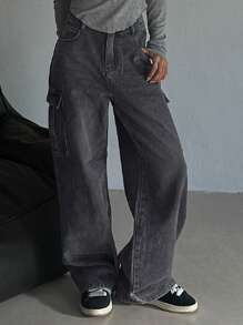DAZY Jeans cargo de unicolor de pierna ancha y largo, de corte holgado para mujer