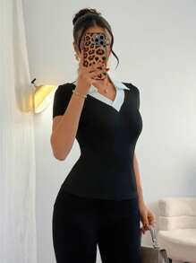 Chiquease 女士撞色拼布衬衫领休闲T恤