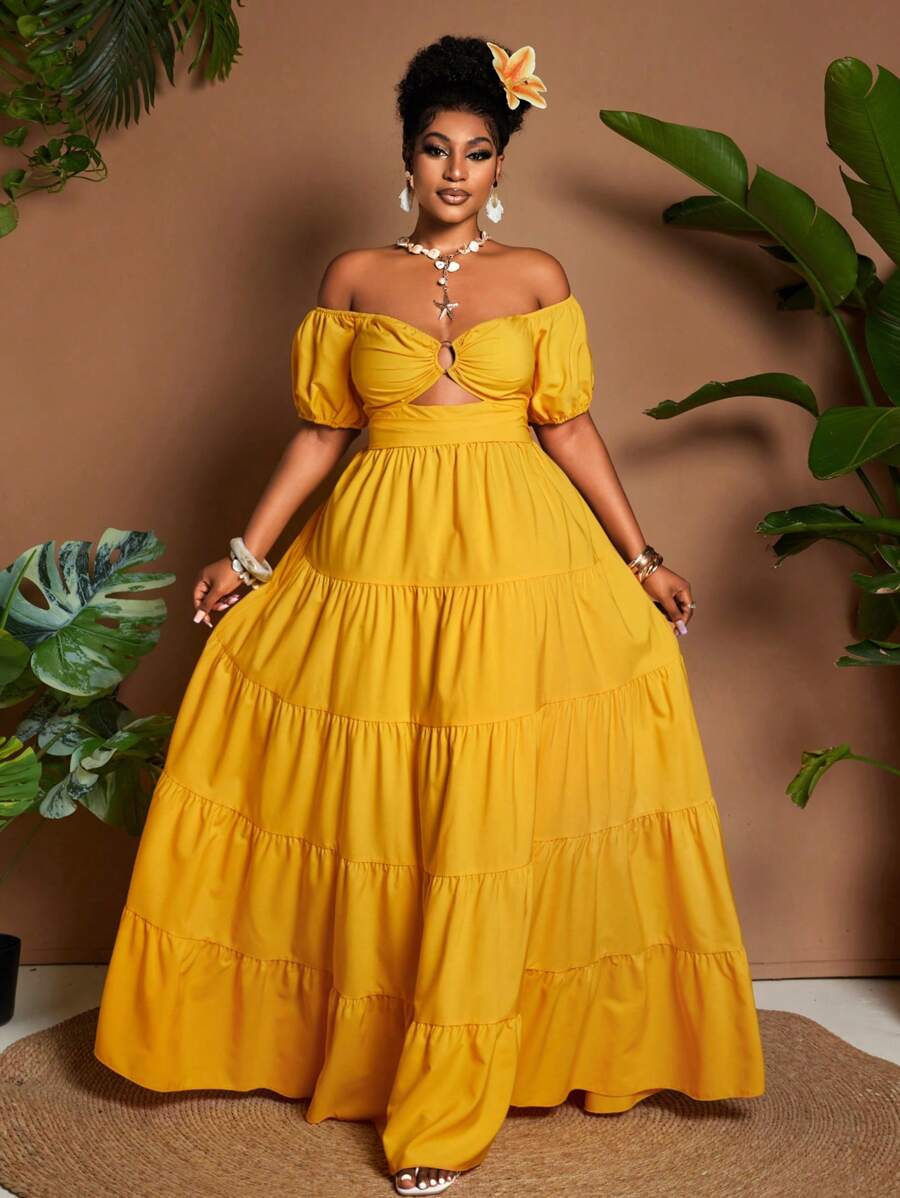 Maweii Vestido de hombros descubiertos de unicolor, tamaño grande, de moda para el verano - Amarillo - Ver 1