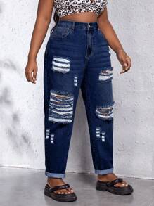 SHEIN SXY بنطال جينز بخصر عالٍ باهت بتصميم بسيط وسادة للمقاسات الكبيرة، مناسب للاستخدام اليومي