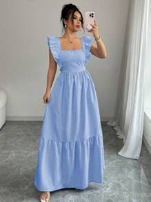 Rafferiza 女式条纹印花方领荷叶边下摆休闲连衣裙 - Blue Power - 查看 6