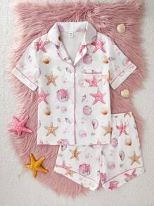 SHEIN 2 件套 Tween 女童绉绸缎面贝壳蝴蝶结短袖开衫和短裤套装，度假风格休闲家居服 - 彩色 - 查看 4