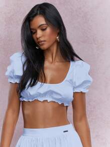 MISSGUIDED Milkmaid Puff Sleeve Ruffle Crop Top High Waist Maxi Skirt Summer Beach Vacation Resort Wear - Baby Blue - View 3