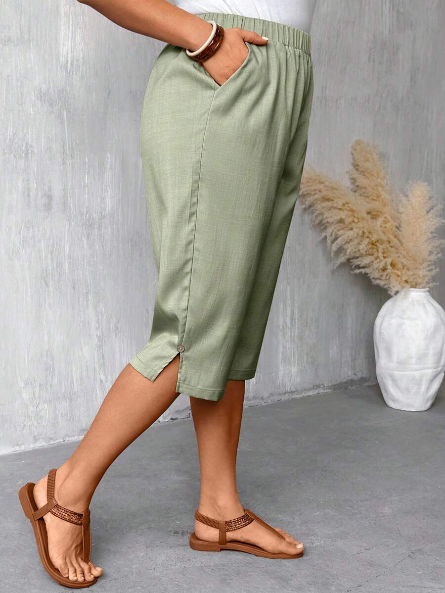 EMERY ROSE Pantalones de 3/4 con abertura y botones de madera sólida para mujer talla grande, pantalones casuales con cintura elástica para primavera/verano - Verde - Ver 1