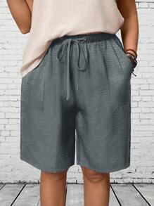 EMERY ROSE Plus Size Women Solid Color Waist Tie Pocket Casual Loose Shorts