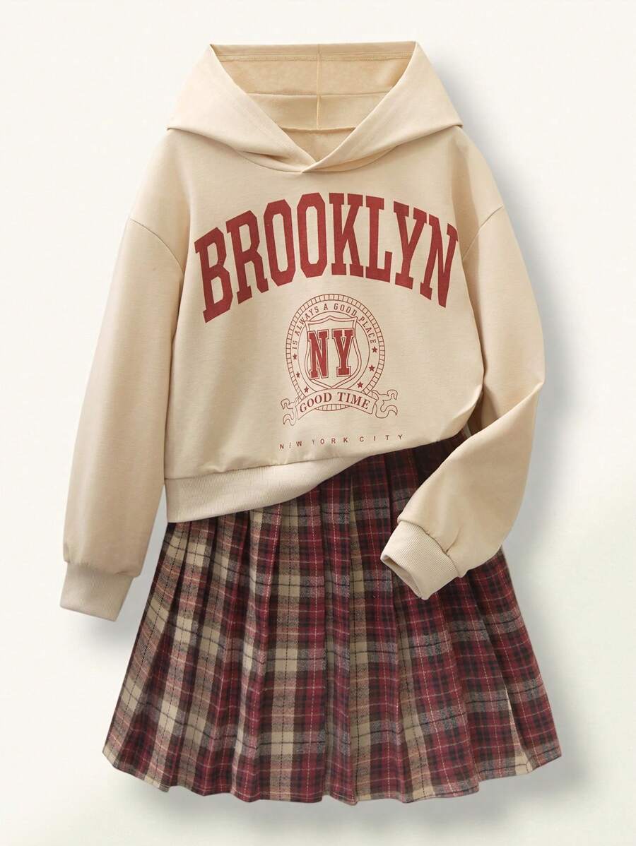 SHEIN Explorewe Tween Girl Letter Print Hoodie Sweatshirt And Plaid Pleated Mini Skirt Set, Stylish Sporty Elegant Outfit For School, Vacation And Casual Wear In Fall Winter, For Christmas - Khaki - View 1