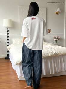 HELLO KITTY | DAZY 女式可爱线条口袋印花上衣和格子休闲睡裤套装 - 白色 - 查看 2