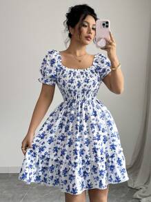 Elenzga Spring/Summer New Ditsy Floral Fashion Casual Vacation Shirred Ruffle Sleeve Waist Cinched Flowy Mini Dress - Blue and White - View 6