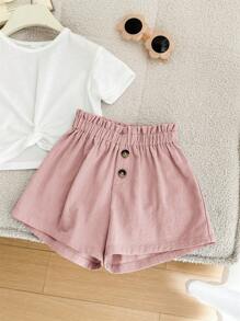 SHEIN Leap Crew Babygirl 夏季可爱针织白色短袖扭纹上衣短裤套装 - 彩色 - 查看 5