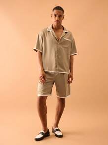 Musero Satin Contrast Binding Button Through Short Sleeve Shirt Only Summer Streetstyle Vacation Smart - Light Grey - View 4