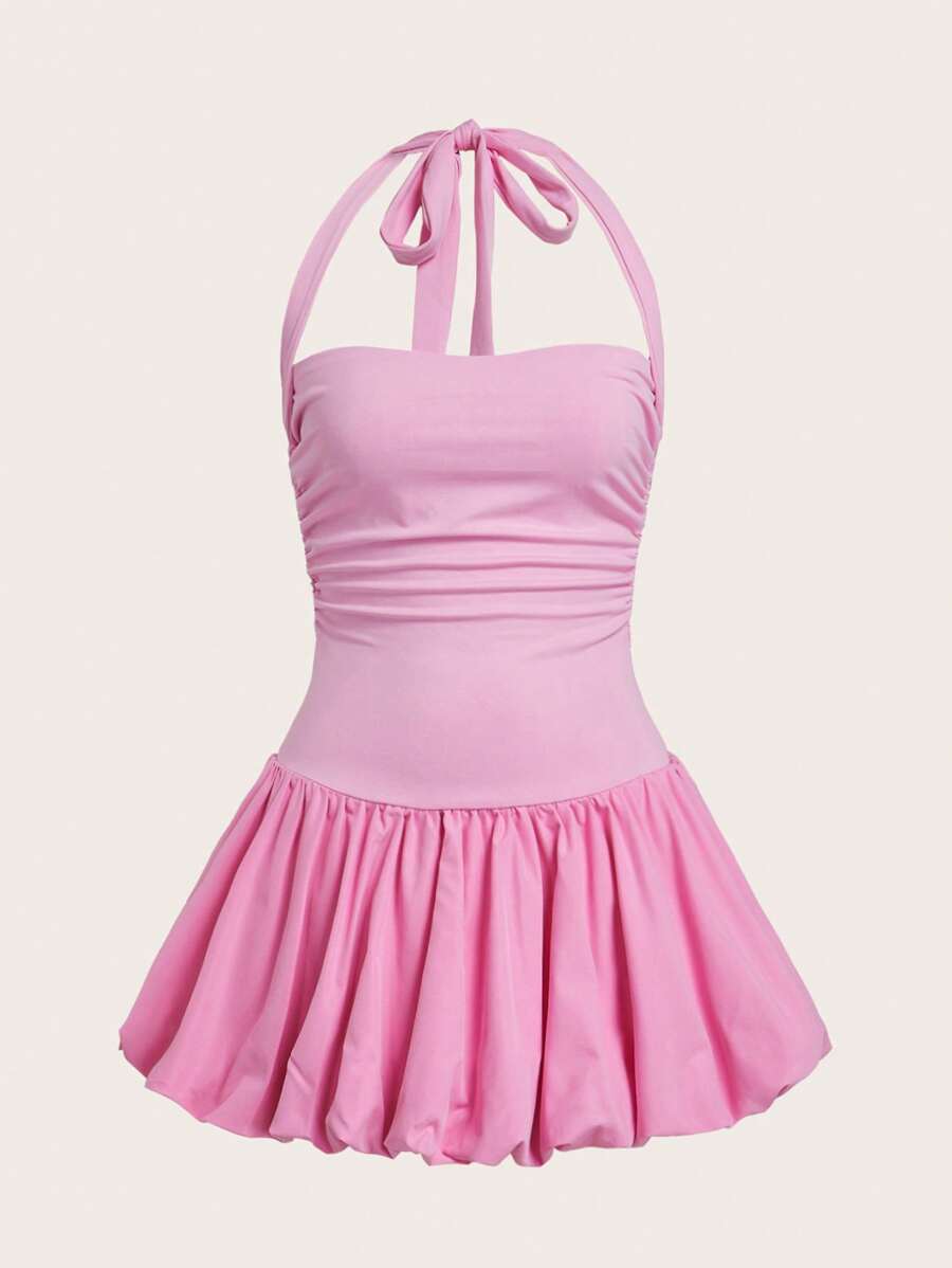 SHEIN EZwear 女士纯色蝴蝶结后背褶饰休闲迷你吊带连衣裙 - 粉色 - 查看 1