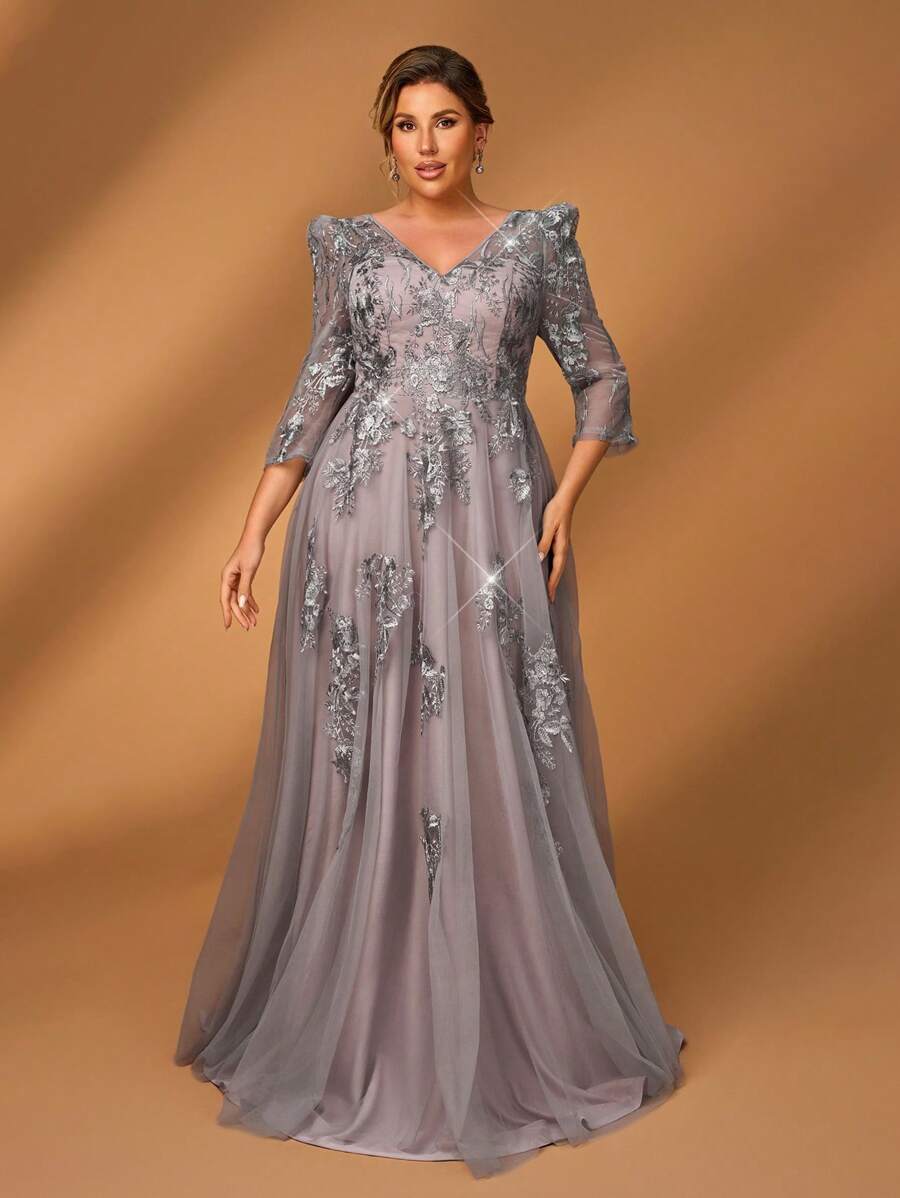 Serin 加大码夏季优雅浪漫华丽灰色撞色莲花粉色亮片刺绣拼接网眼 V 领七分袖奢华不对称贴花设计 A 字下摆适合晚餐单身派对约会舞蹈节日音乐节婚礼活动新娘母亲晚礼服