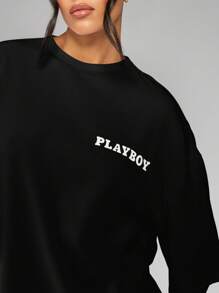 Missguided x Playboy Oversized Graphic Logo T-Shirt With Cool Logo Print Essential Streetwear Cotton Blend Relaxed Fit Fashion Basic Summer Spring Casual Classic Look - Black - View 4