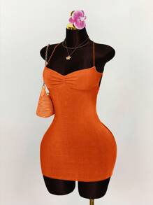 Amplova Gaun Bodycon Berkerut dengan Tali Silang dan Punggung Terbuka, Gaun Liburan, Pakaian Pesta Wanita Seksi - Burnt Orange - View 7