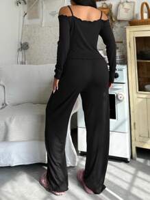 Snug Zone Black Knitted Cold Shoulder Lounge Set With Ruched Spaghetti Strap Top And Long Pants Lounge Set Cute Pj Set Women, Fall Winter Clothes, Cozy Outfit - Black - View 2