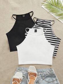 SHEIN EZwear 3件套条纹纯色修身休闲吊带背心，女士款，适合夏季穿着