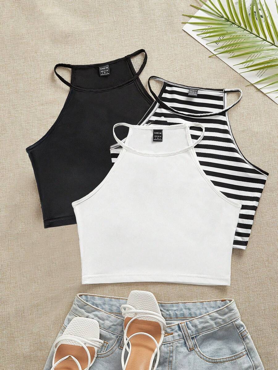 SHEIN EZwear 3件套条纹纯色修身休闲吊带背心，女士款，适合夏季穿着