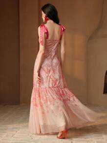 Anewsta Women's Long Ombre Printed Dress With Flared Skirt, Tie-Shoulder Elegant & Versatile Party Gown - Red - View 2