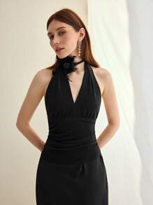 MOTF STUDIO Neckholder Top mit Blumen Flicken - Schwarz - Übersicht 1
