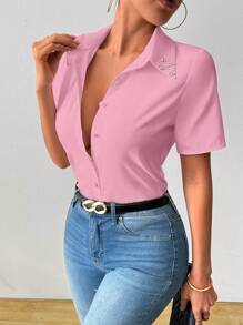 INAWLY Women's Fashion Single Breasted Short Sleeve Shirt - Pink - View 6