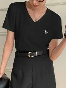 DAZY T-shirt casual à manches courtes avec encolure en V brodé pour femmes