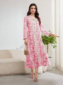 Al Najma Women Floral Print Patchwork Belted Long Sleeve Arabic Dress, Modest - Multicolor - View 5