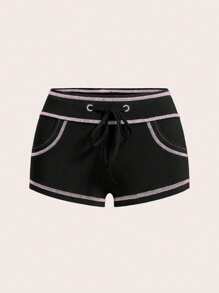 SHEIN EZwear Ladies' Colorblock Drawstring Shorts With Outer Seam Detail For Daily Wear