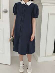 DAZY Tween Girls Ruffle Collar Puff Sleeve Casual Dress For Summer - Blue - View 6