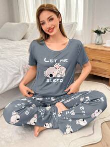 2pcs Cute Koala Print Short Sleeve Pajama Set  Cozy And Elegant Details - Multicolor - View 5