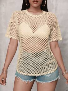 Slaydiva 加大码黑色透视宽松七分袖圆领休闲街头风长款T恤，适合春秋季