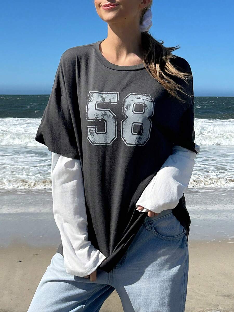 SHEIN EZwear T-Shirt 2 En 1 À Lettres Épaule tombante - Gris - Voir 1