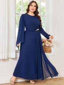 Modelyn Plus Size Women Elegant Pearl Rhinestone Decor Bodycon Round Neck Event Dress Fall Cloth For Women - Navy Blue - View 6