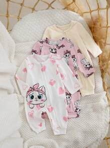 SHEIN 3pcs Newborn Baby Girl Cute Cartoon Pattern Knitted Long Sleeve Jumpsuit Set For Autumn/Winter - Multicolor - View 1