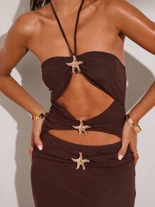 SHEIN BAE 女士纯色露背镂空休闲度假无袖连衣裙