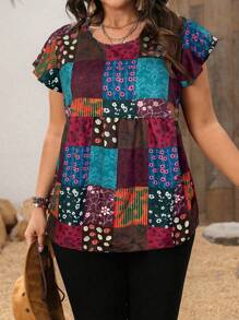 EMERY ROSE Plus Size Vacation Casual Patchwork Printed Cap Sleeve Blouse,Summer - Burgundy - View 4