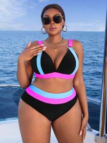 Slaydiva Conjunto de bañador de 2 piezas para mujer de talla grande, sostén push-up acolchado con parches de unicolor, con tirantes anchos ajustables a juego con la Bottom de bikini de cintura alta en color contrastante, elegante y sexy para vacaciones de verano en la playa - Rosa Fucsia - Ver 5