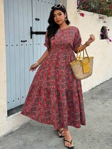 Breezaya Robe à col rond à manches courtes pour femmes de grande taille, imprimé floral aléatoire, pour les vacances - Multicolore - Voir 3