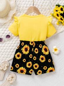 2pcs/Set Girls Casual Ruffle T-Shirt Top & Floral Print Shorts Set, Holiday Vacation - Yellow - View 2