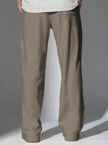 SUMWON 亚麻外观溜冰者风格休闲裤，腰部抽绳，宽松长裤，日常穿着舒适，高品质阔腿款式，适合春夏季 - 棕色 - 查看 5