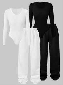 Sparklyn Set da 4 pezzi: Tuta intera a maniche lunghe bianca e nera e pantaloni in pile bianco e nero per ragazze teenager, comoda e versatile per l'autunno/inverno - Bianco e nero - Visualizzare 3