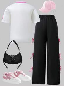 2pcs/Set Girls Street Sport Team T-Shirt + Bow-Decor Rib-Knit Pants, Sport Outfit - White - View 2