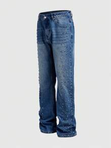 ROMWE MEN Street Life Quần Jeans Denim Nhiều Túi Trang Trí Đá Rhinestone Màu Sắc Cho Nam Thường Ngày Đa Năng - Màu xanh lam - Xem 8