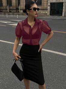 DAZY Casual Business Sheer Mesh Chiffon Cropped Blouse, Simple Short Sleeve Women Shirt - Burgundy - View 5