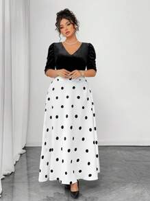 Elenzga 2pcs Plus Size Set: V-Neck Solid Color Short Sleeve Top And Polka Dot Print Skirt - Multicolor - View 5