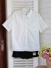 SHEIN 2pcs/Set Teen Girl Loose Casual Minimalist Comfortable Lapel Short Sleeve Shirt And Shorts Set